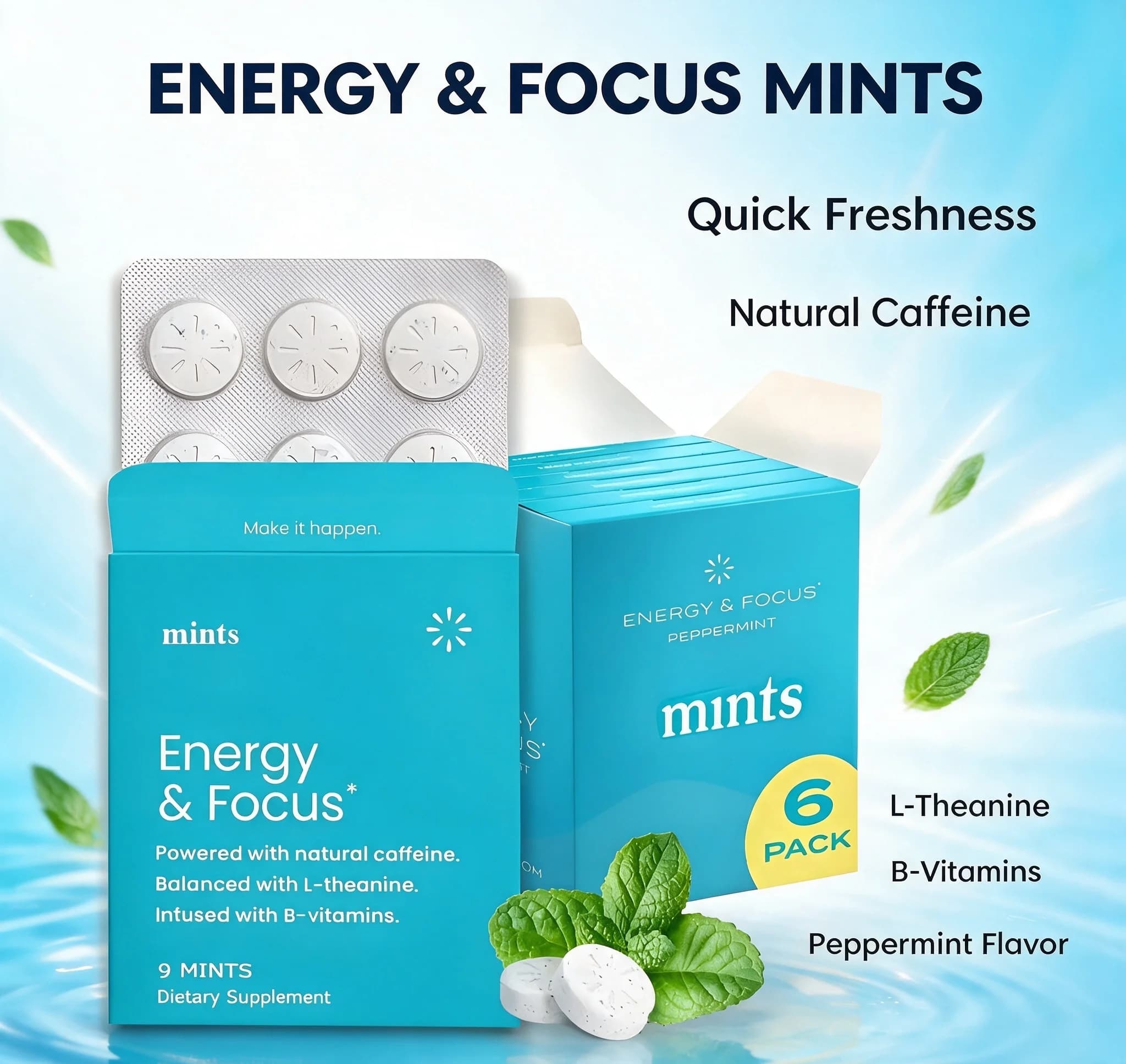 Peppermint Raw Material Tablet Gift Pack With Natural Caffeine L-Theanine B-Vitamin Portable Pocket Box 6 Pack Holiday Present for Family Friends
