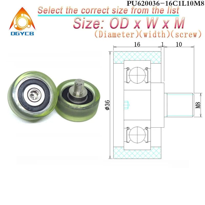 1pc 36mm Diameter Externally Threaded Polyurethane Forming Bearing Roller PU620036-16C1L10M8 OD 36mm PU Soft Rubber Pulley Wheel