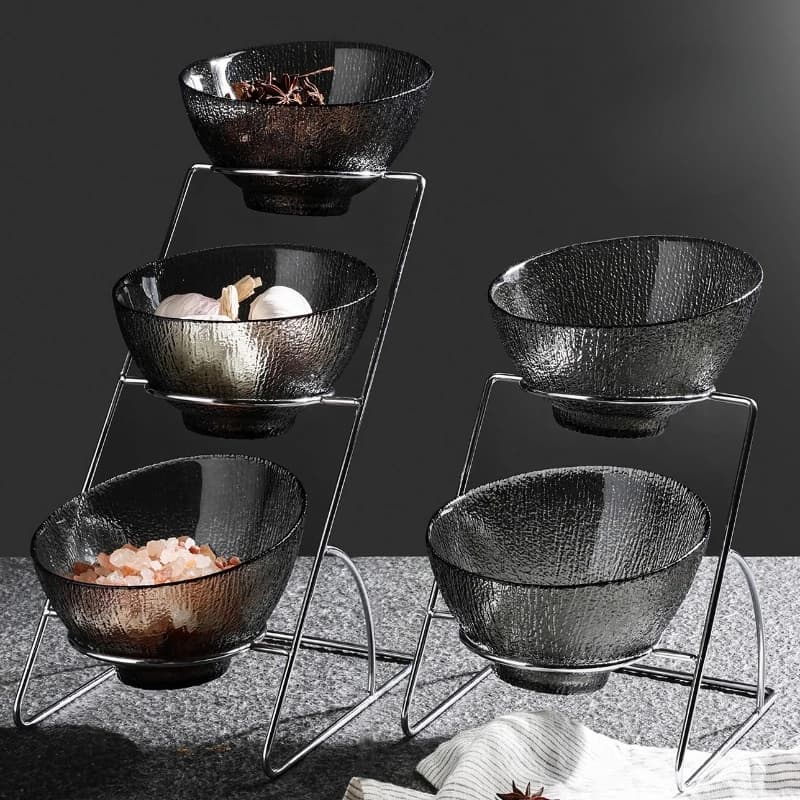 Supporto per condimenti per colazione multistrato, espositore per alimenti refrigerati, organizer triangolare per spezie, set di insalate a strisce verticali