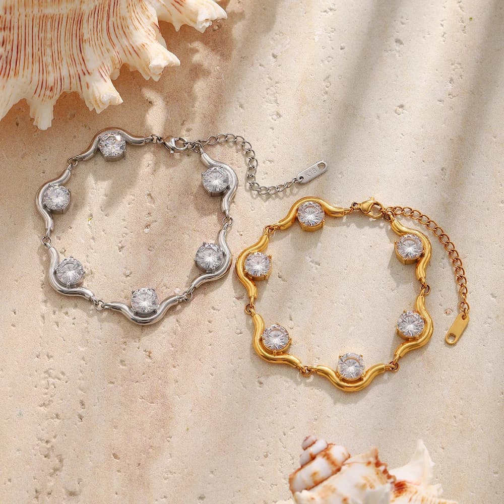 E.B.belle 18K Gold Plated Wavy Chain CZ Bracelet Waterproof Stainless Steel Link Bracelet For Women Elegant Fashion Jewelry Gift