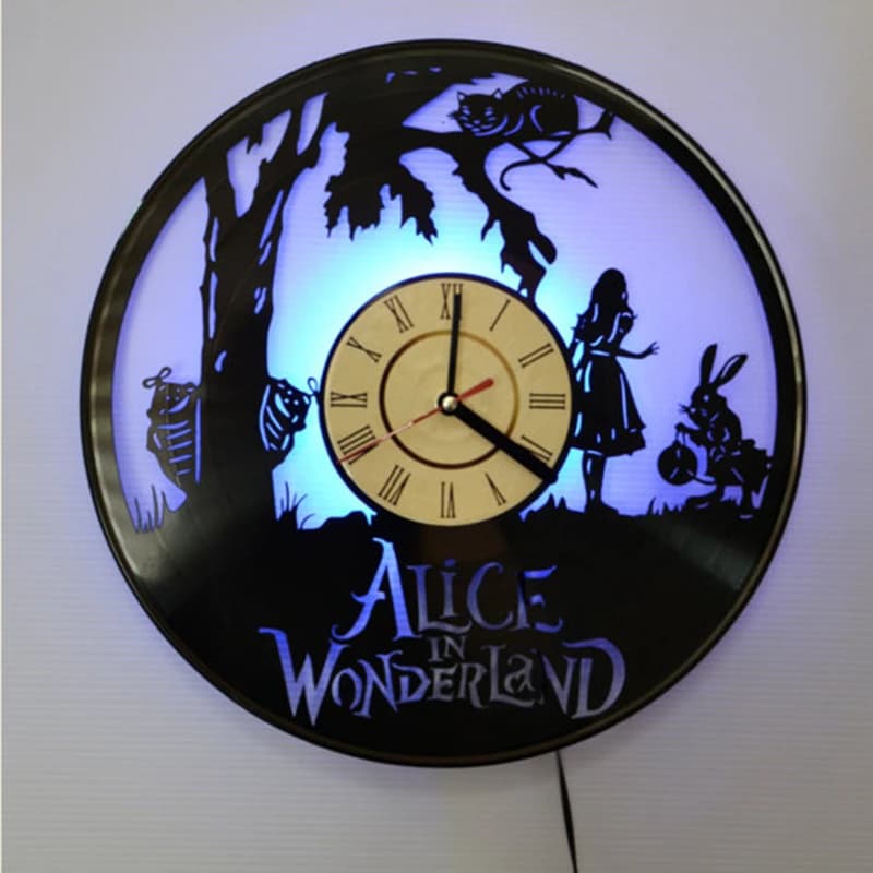 Hanging watch with Alice's creative vinyl disc in Wonderland, artistic wall clock, LED night light, remote control, clock
