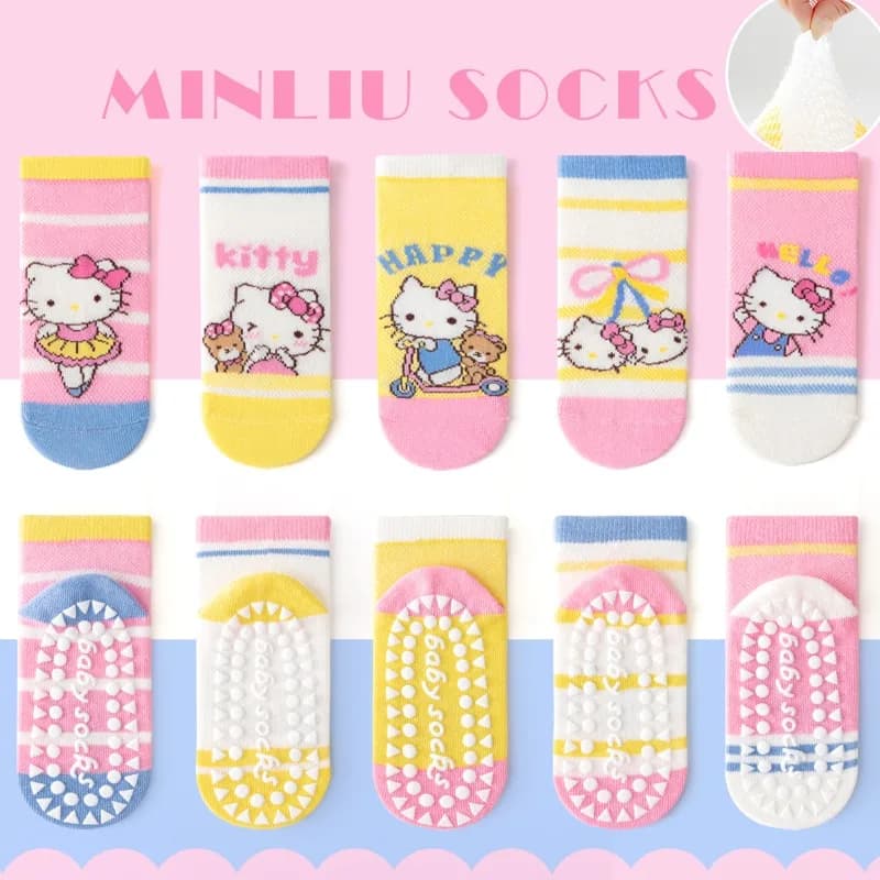 5Pairs Cute Kitty Children's Cotton Thin Socks Dispensing Floor Playground Non-slip Socks Trampoline Toddler Breathable Socks