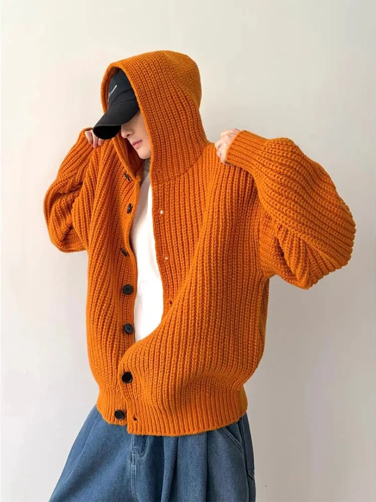 Heavyweight Orange Knitted Sweater Jacket Men's Autumn Winter Lazy Style Hooded American Thick Needle Open Cardigan