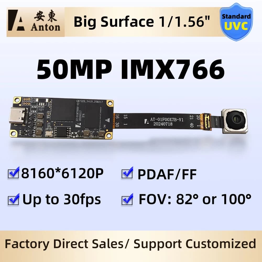 Module USB Camera 50MP IMX766 with PDAF, Automatic Fire Mass AF, No Distortion, 8160x6120, FOV 100 Degrees, Webcam with Cable FPC Type-C/5 Pin, Without Driver