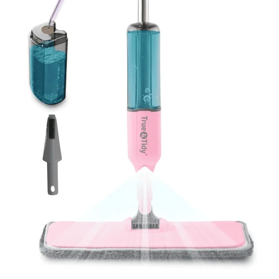 Spray Mop with 15 Inch, 360 Swivel Mop Head, Refillable Cleaner Bottle and Reusable Microfiber Pad, Pink