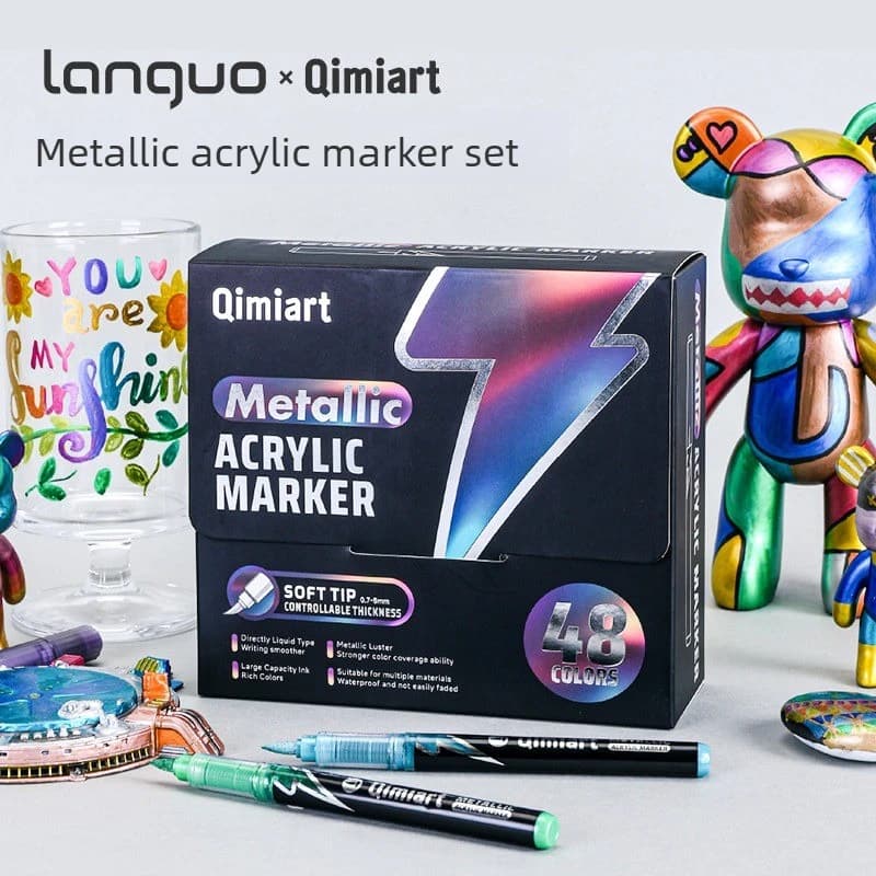 LANGUO 48 Pennarelli Metallici a Doppia/Singola Punta con Inchiostro Liquido Diretto, Punta Morbida, Senza Sbavature, Penne Gel per Cancelleria, Scuola e Forniture Artistiche