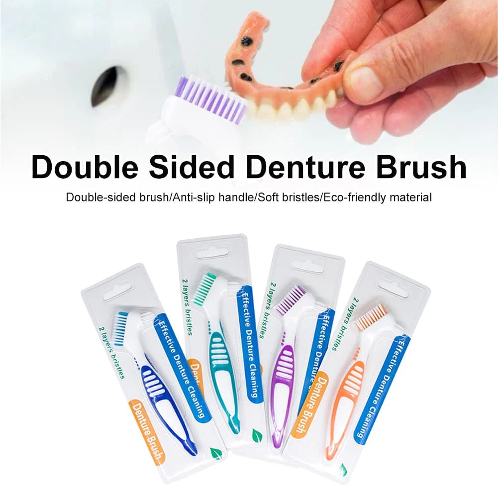 Spazzola per protesi portatile spazzola per la pulizia dei denti finti a doppia faccia spazzolino da denti con setole morbide multistrato strumento per l'igiene orale