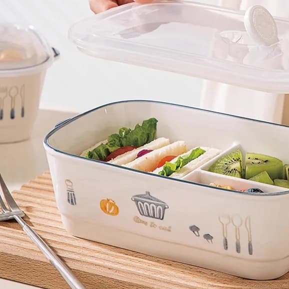 Contenitore per Pranzo in Ceramica Selezionato, Tre Scomparti, Riscaldabile nel Microonde, Speciale per Lavoratori d'Ufficio, Bento Box di Alto Valore Estetico con Isolamento