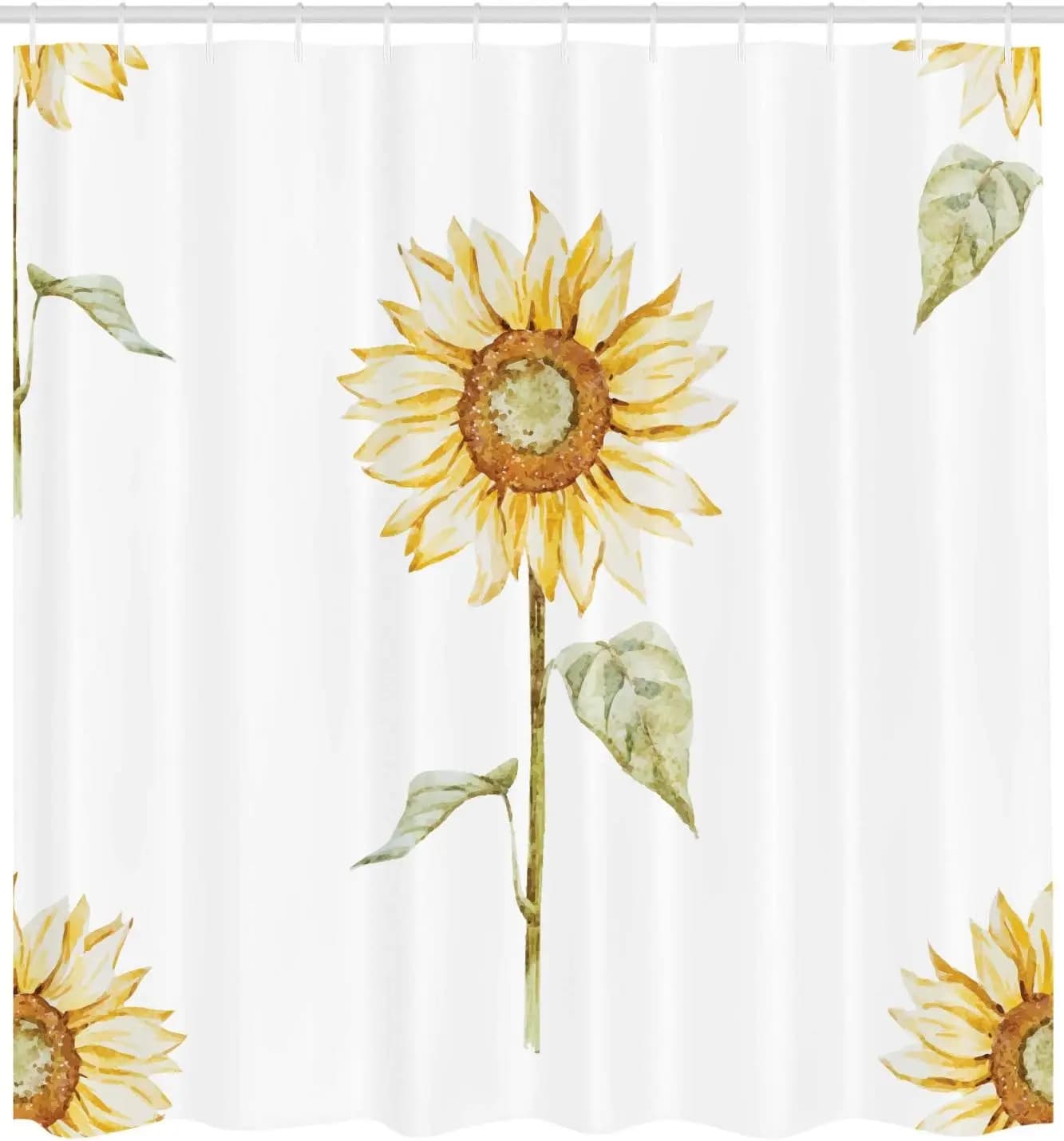 Sunflower Shower Curtain, Sunflowers Watercolor Painting Effect and in Minimalistic Design Art, Cloth Fabric Bathroom