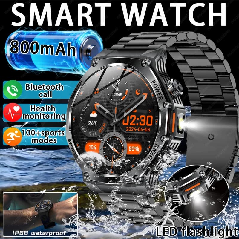 Nuovo Smartwatch Uomo 2026 con Batteria a Lunga Durata da 800mAh, Torcia LED Esterna, Chiamate Bluetooth, Impermeabile, per Sport e Fitness