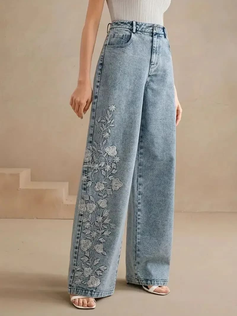 Y2K Straight Leg Women's Jeans Strong Size Design Embroidered Denim Elasticized Fashion Comfortable Fashion