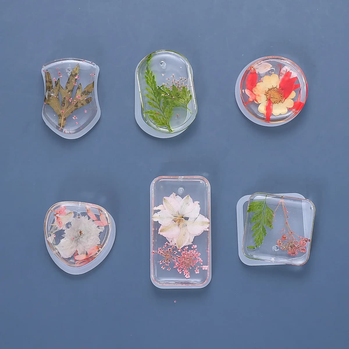 6pcs DIY Keychain Pendant Silicone Mold with Real Dried Flowers Pressed Natural Plant Epoxy Resin Filling for Jewelry Making Cra
