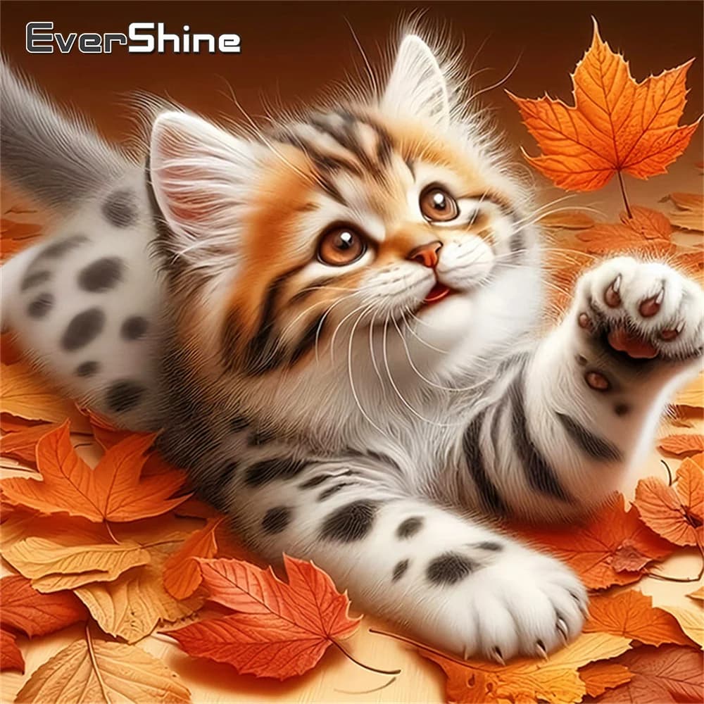 Evershine Full Drill Diamond Mosaic Cat Cross Stitch Painting Animal Rhinestones Art Embroidery Leaves New Arrival Wall Decor