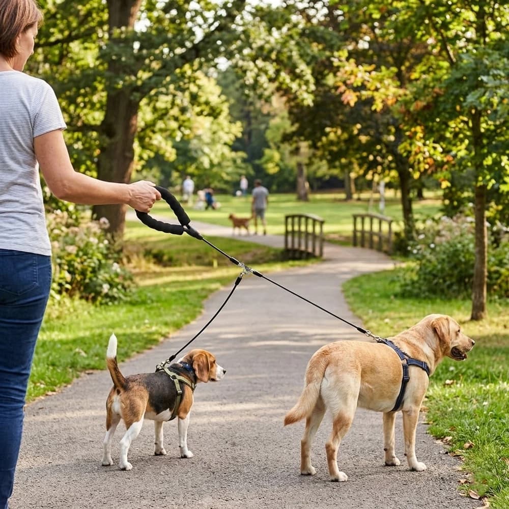 Guinzaglio Doppio per Cani Anti-Morso, Cavo in Acciaio Rivestito in Vinile Resistente, Senza Grovigli, con Giunto Girevole a 360° per Passeggiate con Cani Domestici