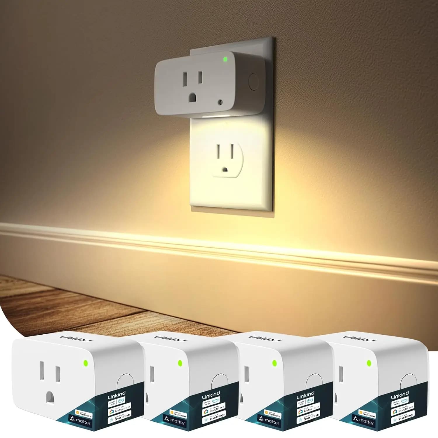 Presa Intelligente Matter con Luce Notturna LED, Compatibile con Alexa/Apple Home/Google, Presa 15A/1800W, Timer e Programmazione, Confezione da 4