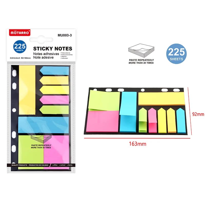 MOTARRO 9 set di foglietti adesivi assortiti, 25 fogli/blocco, blocchetti per appunti colorati, segnapagina autoadesivi, confezioni da 1/5/10 per scuola e ufficio