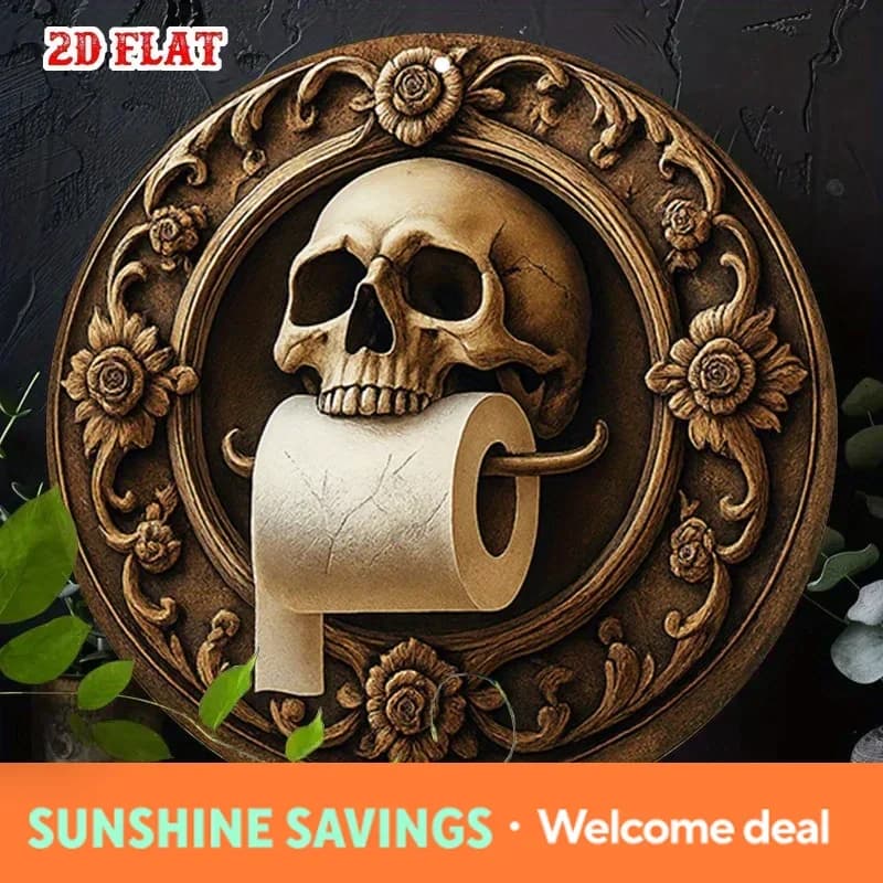 70cm X1m2D Flat, 1pc Gothic Skull & Floral Aluminum Wall Art - Rustic Round Metal Sign With Toilet Paper Holder, Dark Aesthet