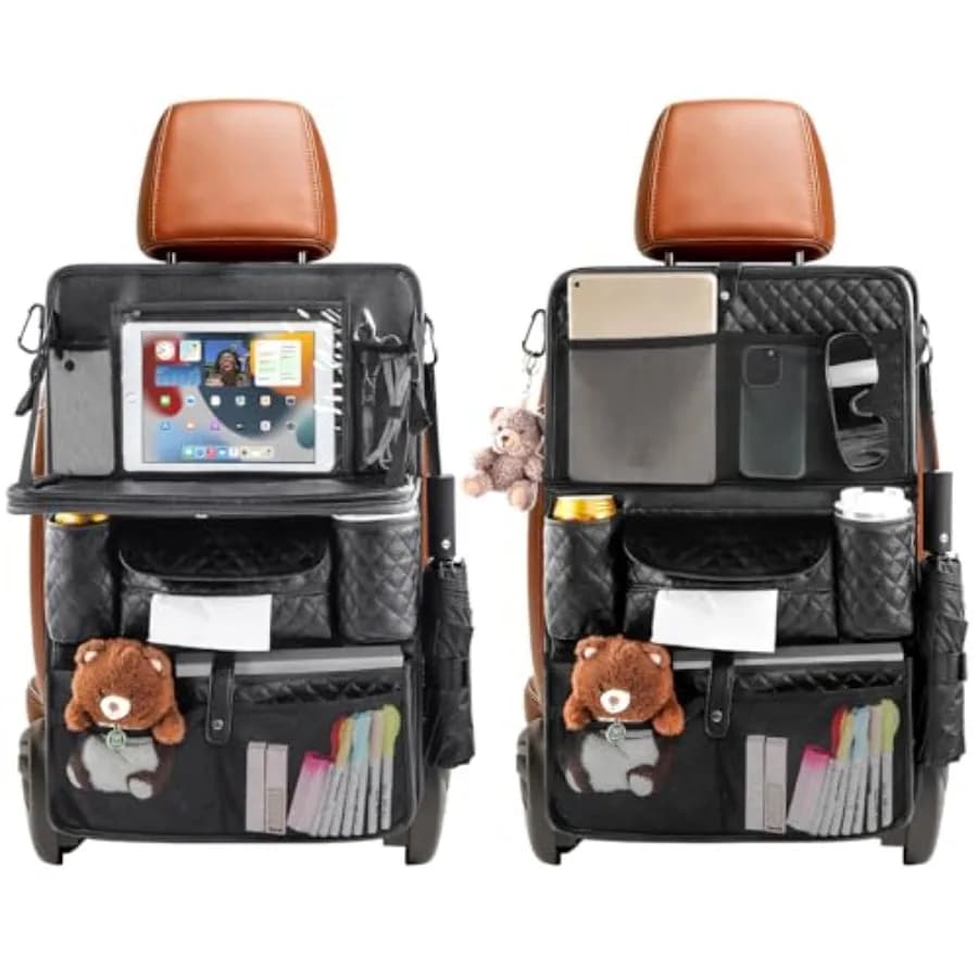 Car Backseat Organizers - with Foldable Tray - PU Leather Back Seat Car Organizers with Storage Pockets, Tablet Holders, Kick M