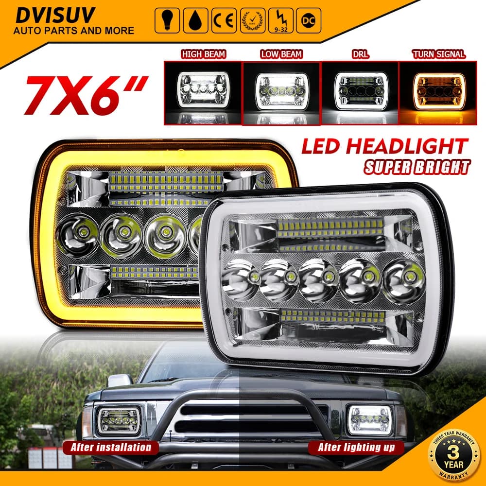 HAOLIDE Car 6x7 Inch Led Headlights Amber DRL Automotive Square Headlamp 6000K White Assembly For Cherokee XJ Off-road Use 24V
