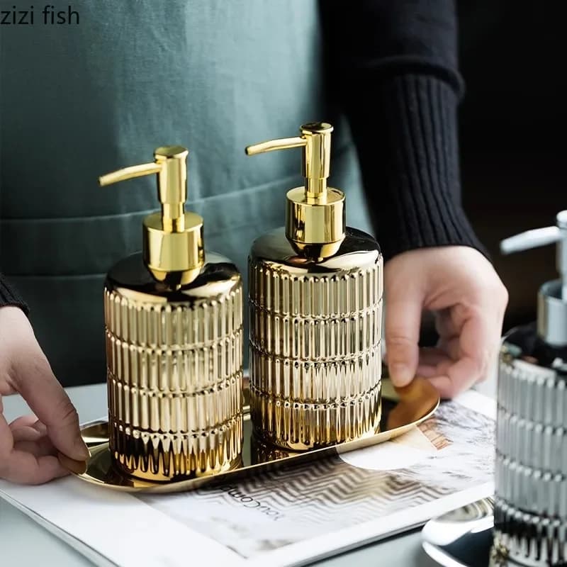 Gold Plated Stripe Ceramic Soap Bottle Empty Bottle Soap Dispenser Lotion Bottle Shower Gel Shampoo Bottles Bathroom Accessories