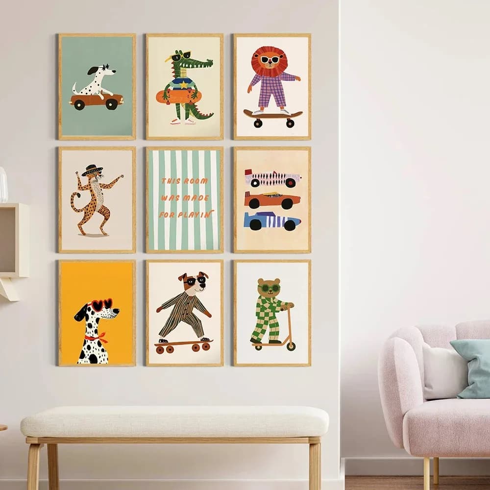 Cane Leone Orso Skateboarding Wall Art Poster Animale Asilo nido Tela Pittura Stampa Immagini a tema sportivo Arredamento moderno della camera dei bambini