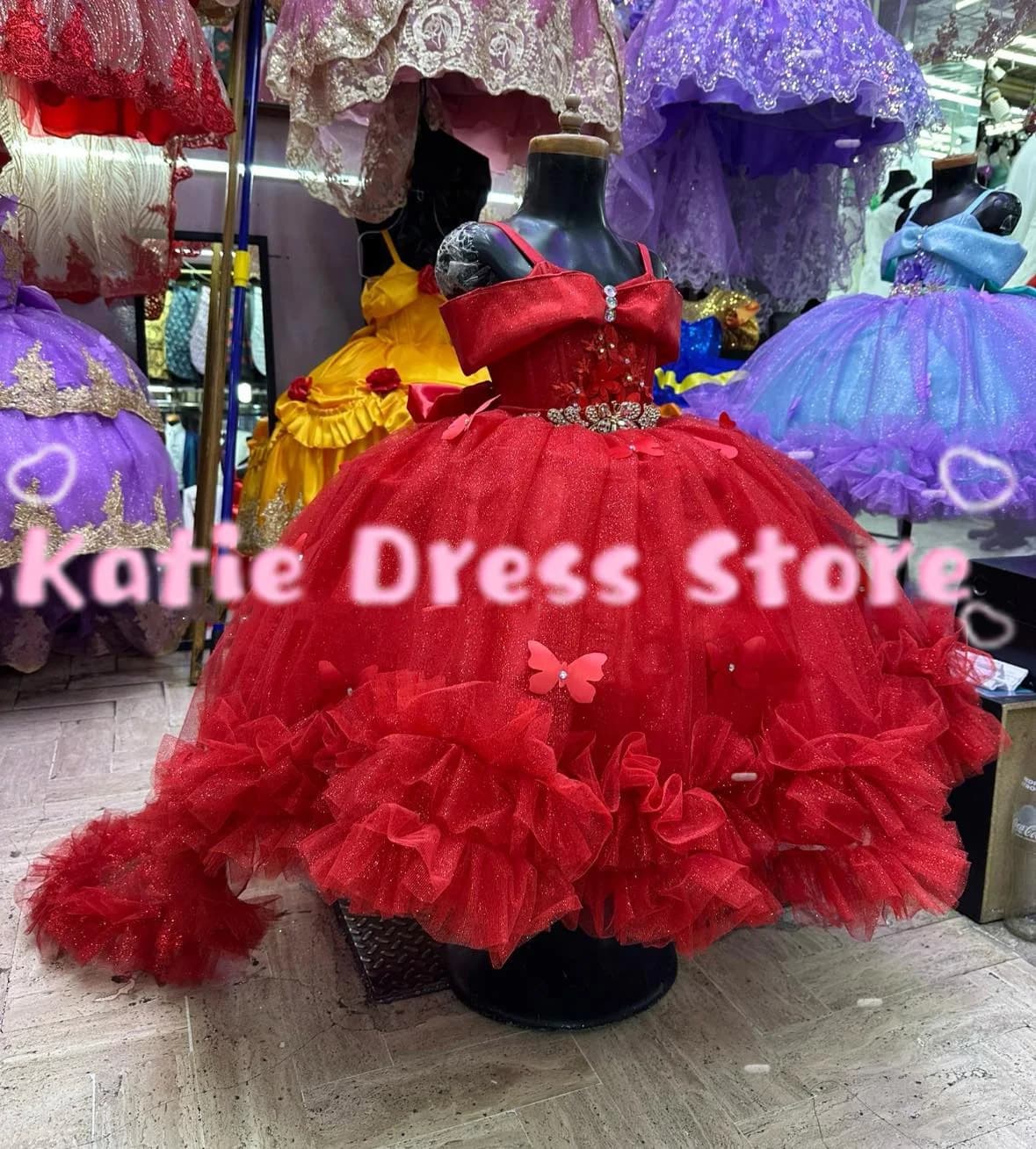 Abito da Cerimonia 3D con Farfalle e Fiori per Bambina, Rosso in Tulle con Applicazioni, per Matrimoni, Compleanni, Prima Comunione, Abito da Ballo Personalizzabile