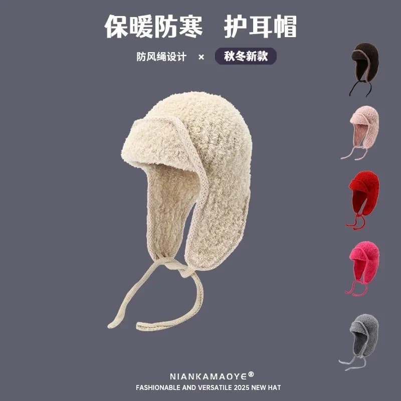 Autumn Winter New Korean Fleece Ear Cover Hat Fashion Warm Large Size Knit Beanie Women EU US
