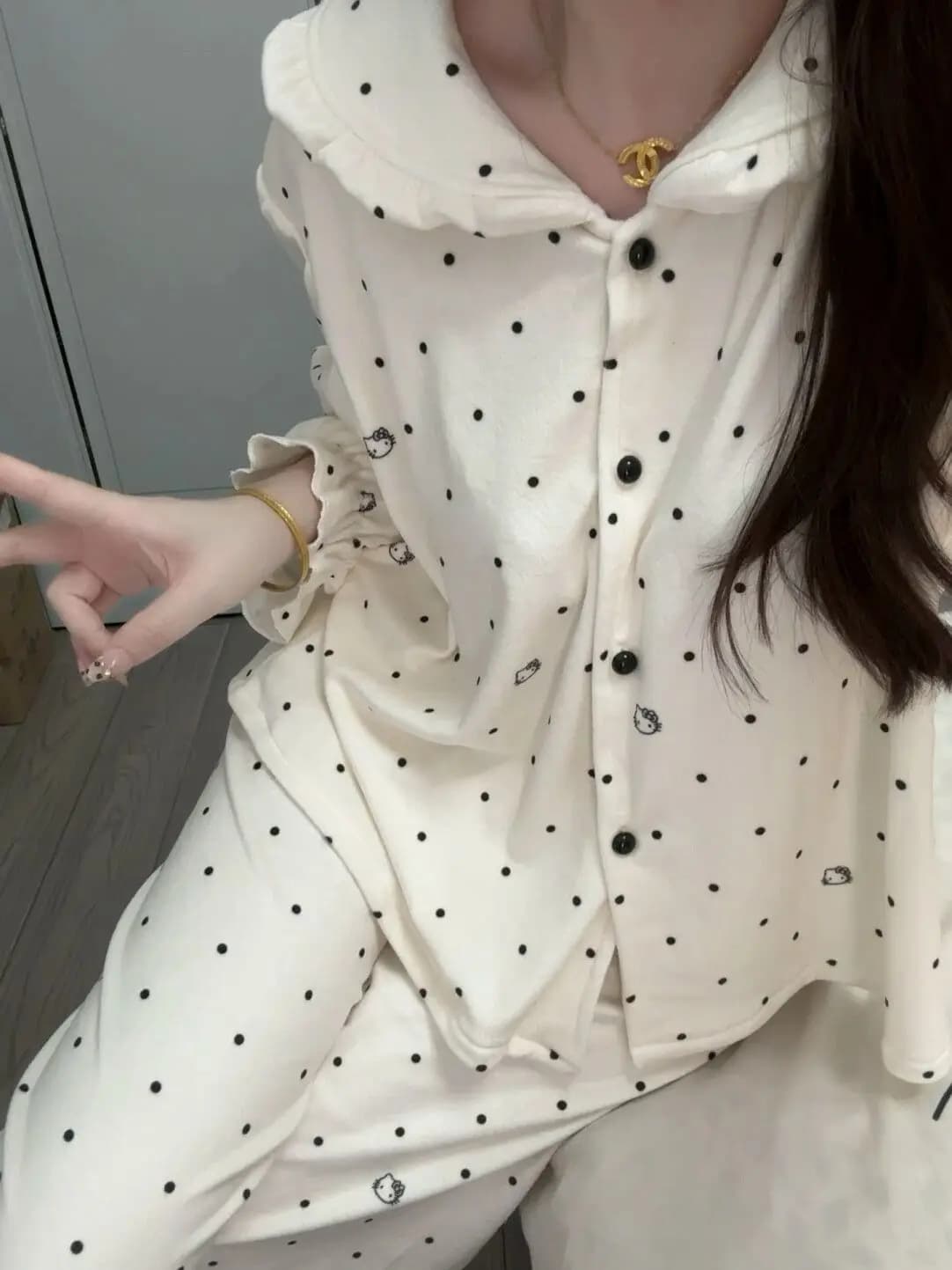 Anime Pajama Set Sanrio Hello Kitty Pajama Pants Suit Woman Winter Warm Plush Home Clothing Leisure Nightshirt Thicken Home Wear