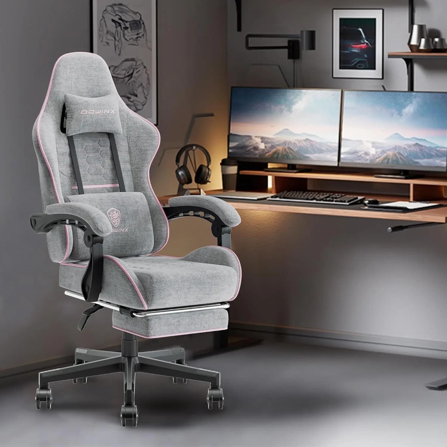 Sedia da Gaming Ergonomica Rosa e Grigia con Massaggio, Cuscino a Molle Insacchettate, Poggiatesta e Poggiapiedi, Spedizione dagli USA, per 290 libbre (131 kg)
