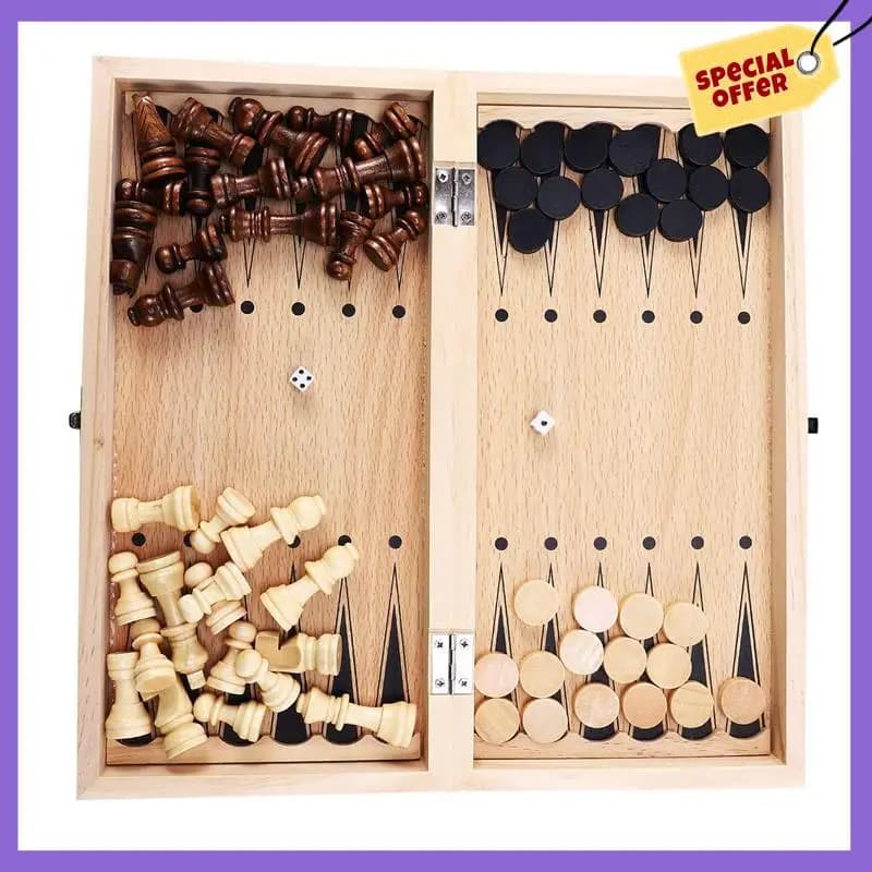 -A96Z 2X 3 in 1 Set di scacchi internazionale in legno Giochi da viaggio Scacchi Backgammon Drafts Intrattenimento