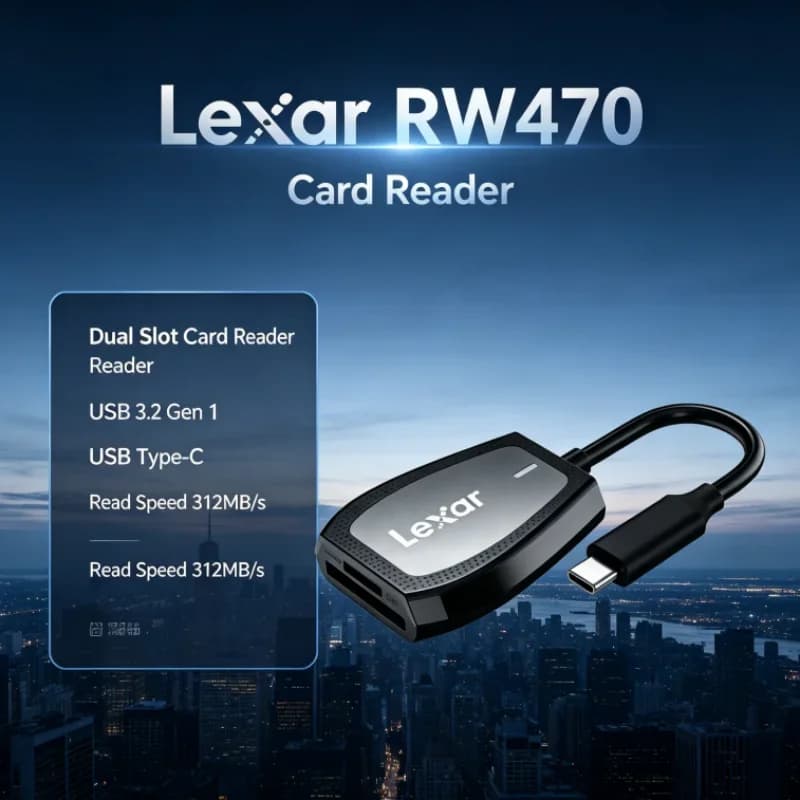 Lexar RW470 Memory Card Reader USB 3.2 Gen1 2-in-1 Dual Slot Type-C SD microSD UHS-II for Camera Data Transfer
