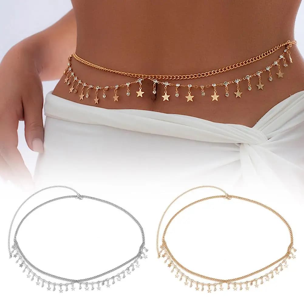 1pcs Luxury Sexy Rhinestone Star Tassel Pendant Waist Belly Belt Chain For Women Bikini Rave Beach Body Jewelry Christmas G B6E6