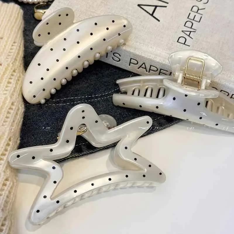 French Style Large Hair Claw Barrettes Black Wave Dot Design Women's Fashion Hair Clip Sweet Girl Headwear Accessory