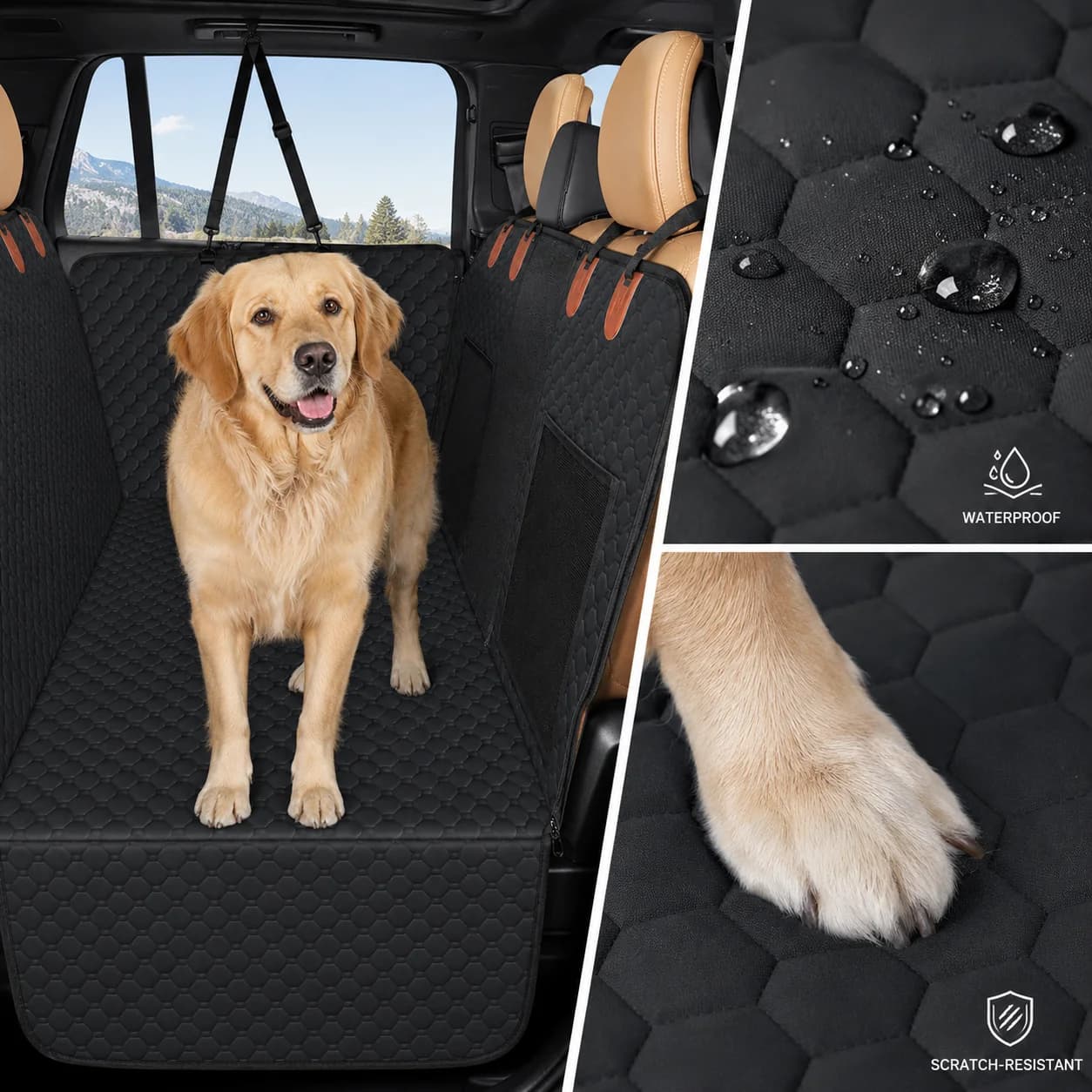 Premium Car Back Seat Pet Cover, Waterproof Dog Hammock with Storage Pockets, Scratch-Resistant Pet Protector for SUV, Rear Seat
