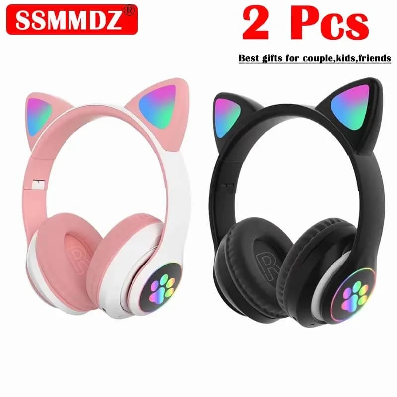 2 Pcs Wireless Headset Bluetooth Music Headphone Gradient Color LED Flashing Light Cat Ear Gamer Earphone with Mic Kids Gifts