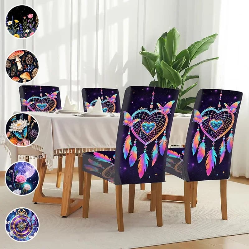 Elastic dining chair cover, removable and washable home decoration chair cover, dream catcher butterfly print pattern