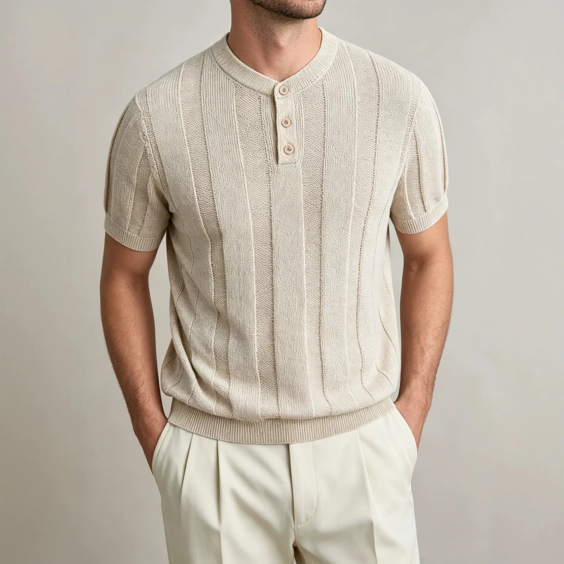 Linen Blend Short-sleeved Men's T-shirt Summer New Ribbed Bottom Pendulum Thin Henry Neck Knitted Sweater Men