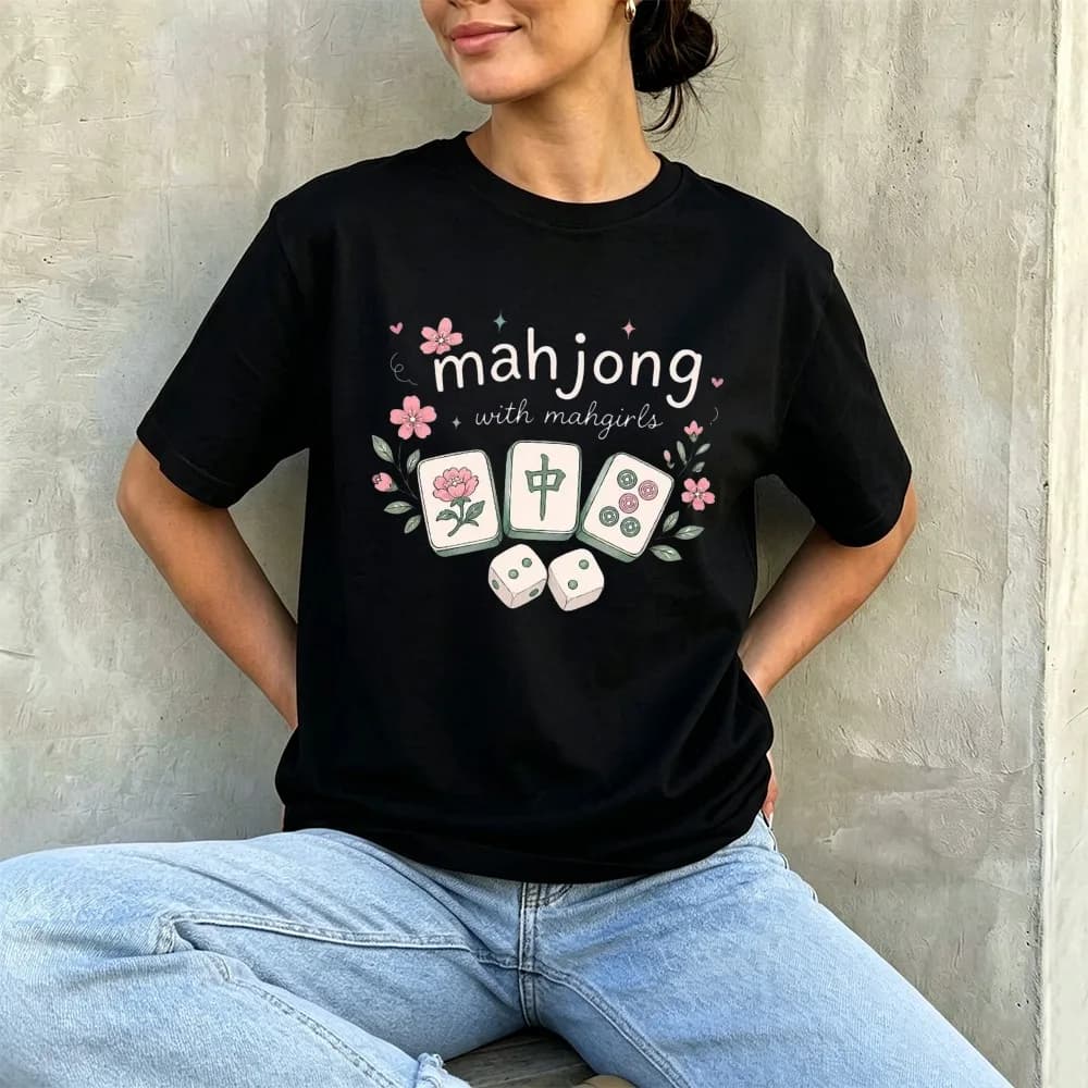 Shirt Mahjong With Mahgirls Floral Mahjong Tile Dice Graphic Tee Soft Cotton Breathable Casual Tops women clothes