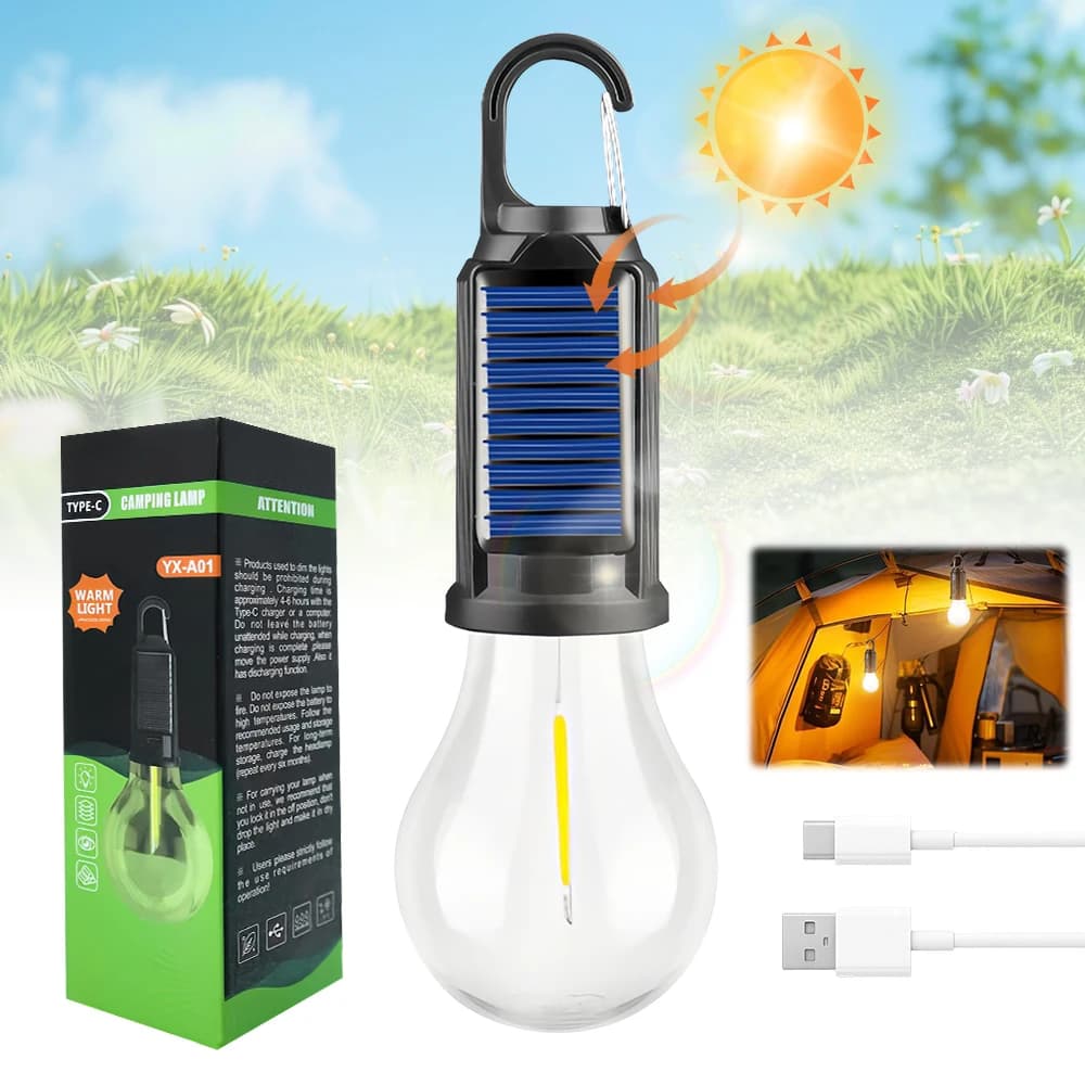 Portable Solar Camping Lantern USB Charging LED Tent Light 3 Modes Adjustable Brightness IPX5 Waterproof Hook Design Outdoor Hanging Emergency Bulb