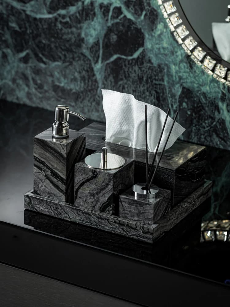 Set da bagno in marmo naturale nero con albero, portasapone, dispenser per sapone, scatola per fazzoletti, vassoio, set di accessori per il bagno