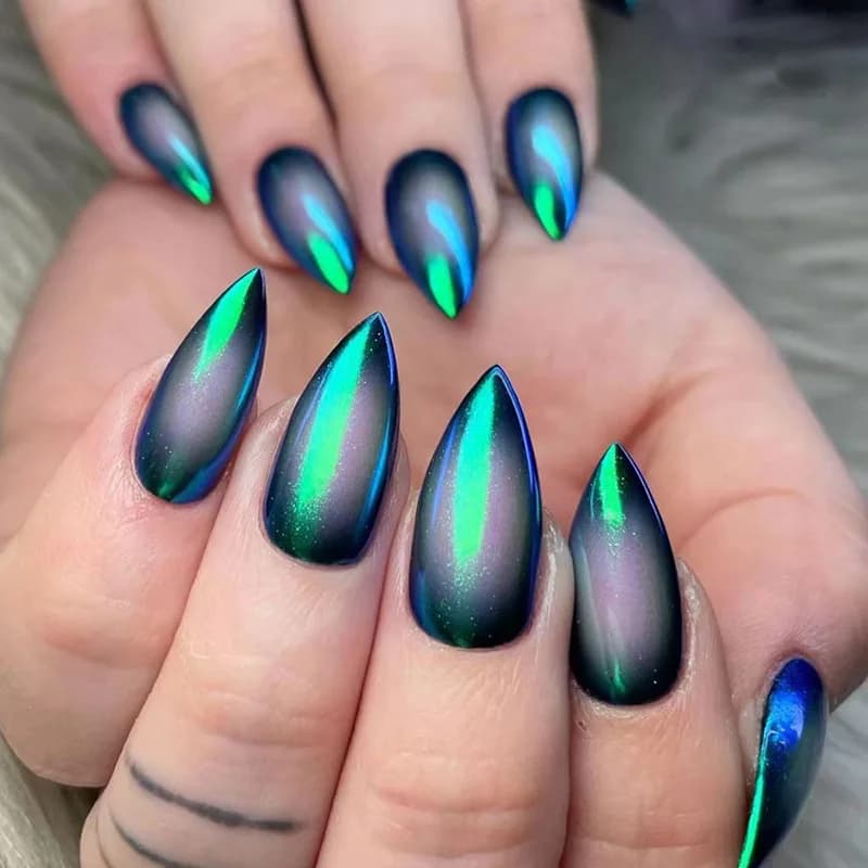 24pcs Laser Almond unghie finte Stiletto Press On Long Nails Ins Style Cat Eye unghie finte copertura completa unghie artificiali adesivo