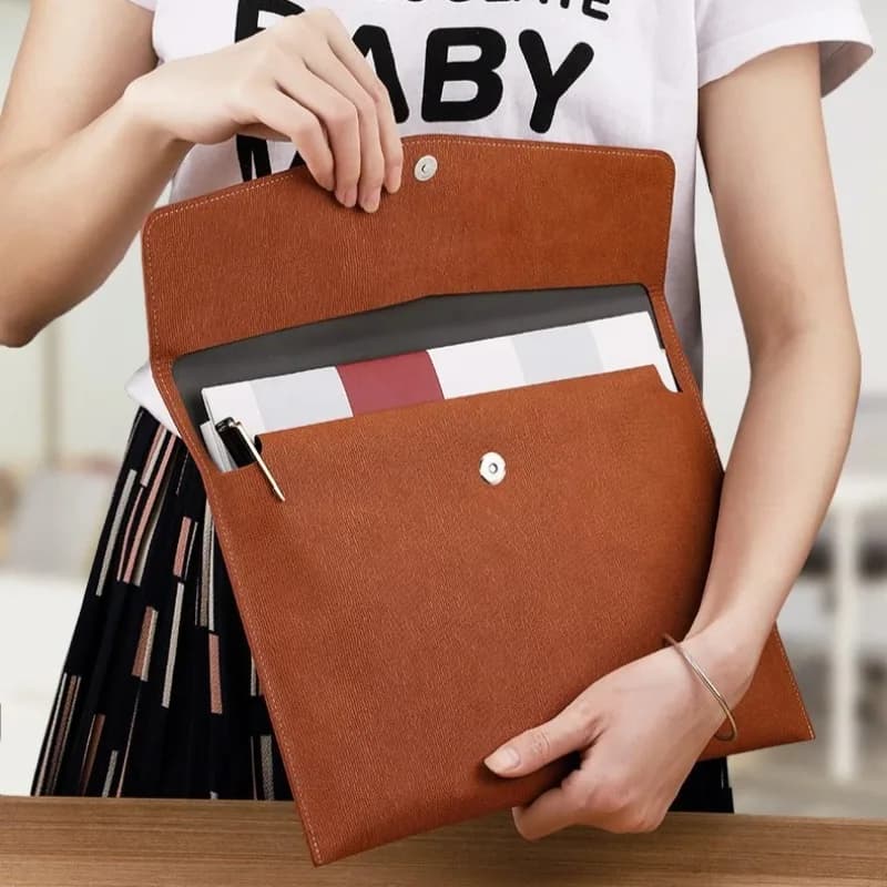Business Multifunctional Magnetic Folder Large Capacity A4 Leather File Bag Office Storage Document Pouch