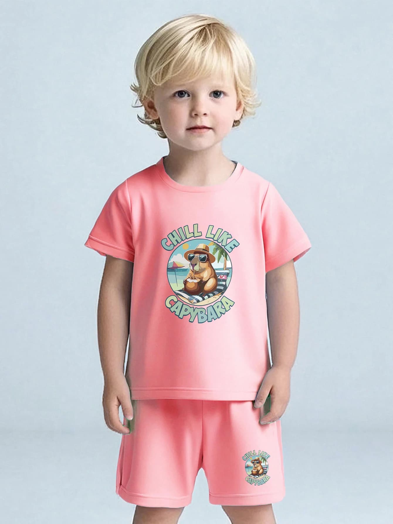 2PCS boys' short sleeved shorts set - printed pattern, suitable for boys aged 3-7- perfect choice for casual and playful wear