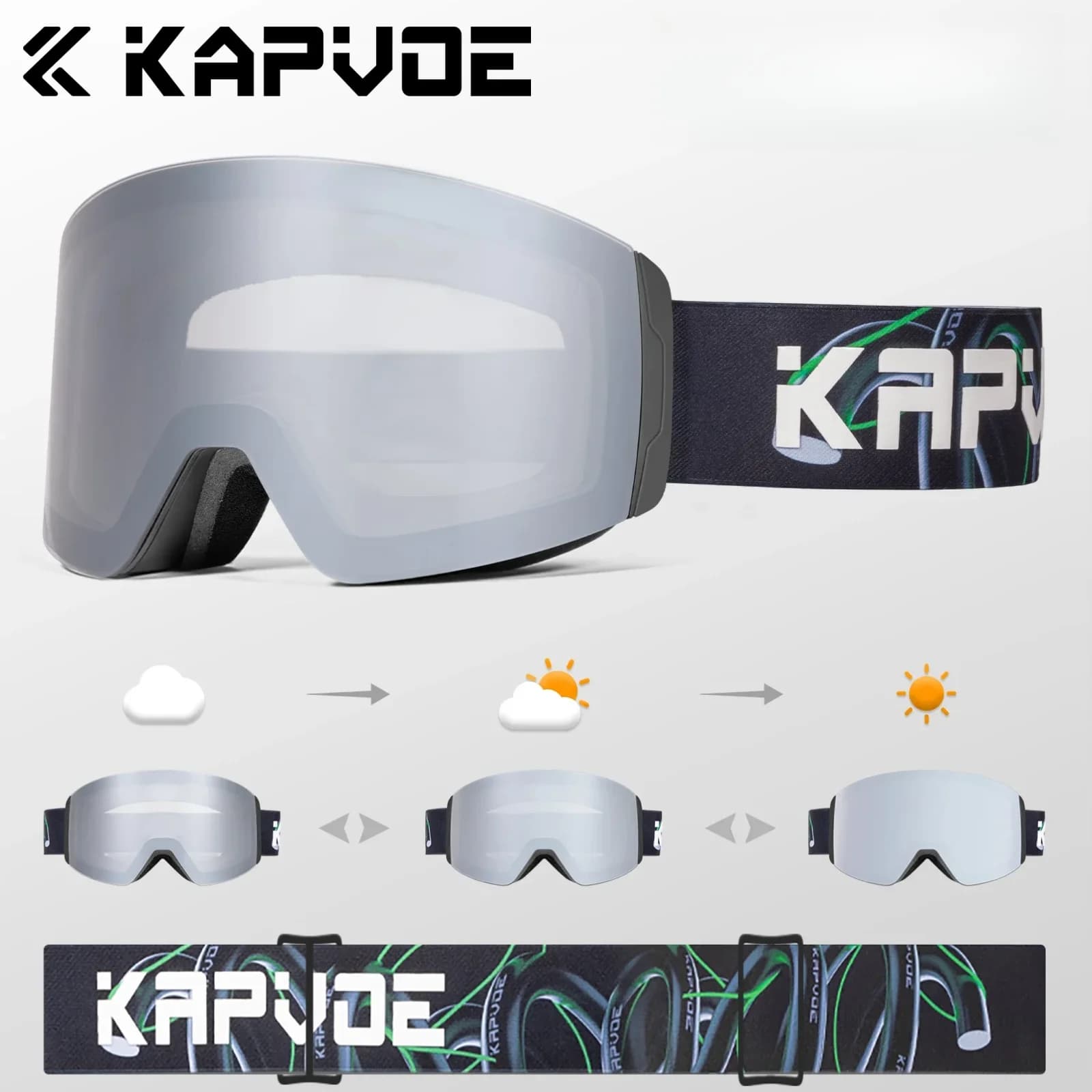 Kapvoe Photochromic Ski Goggles Magnetic Anti-Fog Lenses UV400 Protection Men Women Ski Goggles Snow Sunglasses Sports Eyewear