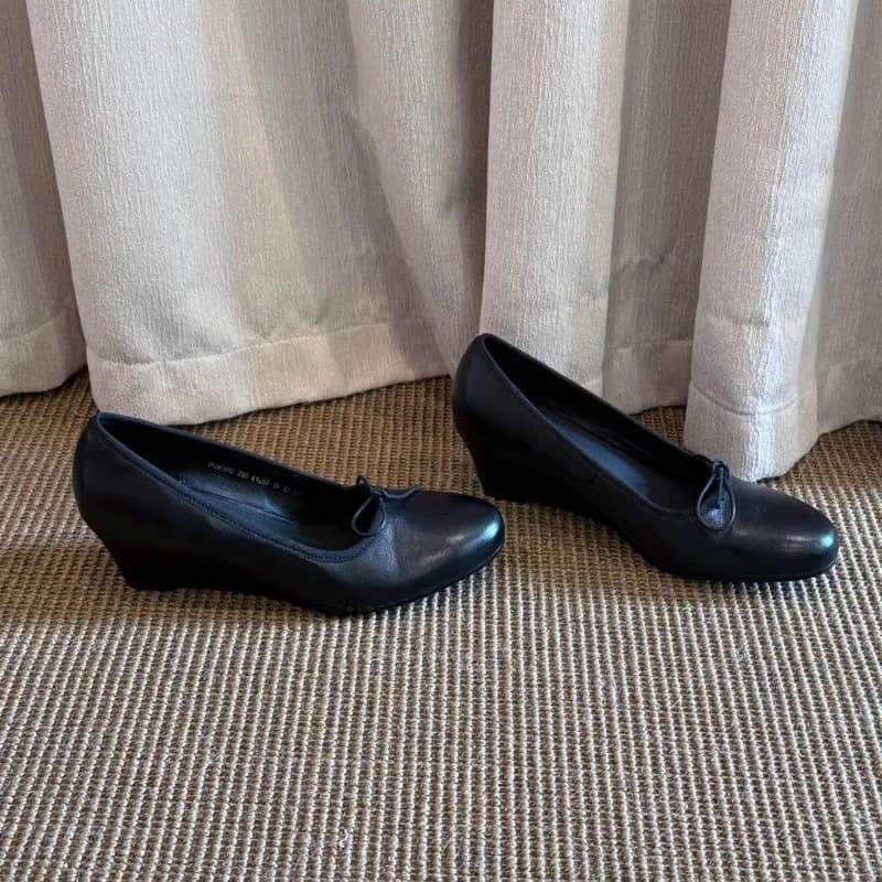 BANFANG Women's Shoes 5.5cm New Round Toe Butterfly-Knot Fashion Soft Comfortable Genuine Leather High Quality Shoes For Woman