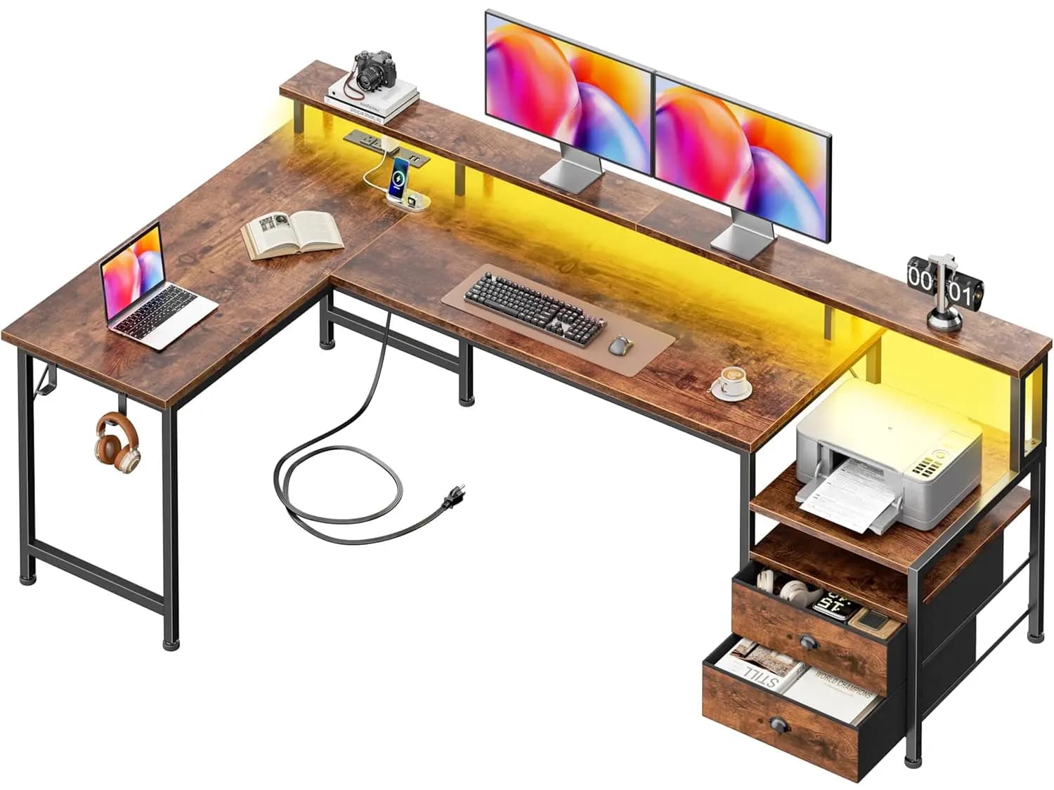 Scrivania a L da 66'' con USB-C, Cassetti Reversibili, Ripiani, Supporto LED, per Casa, Ufficio, Gaming, Marrone, Personalizzabile