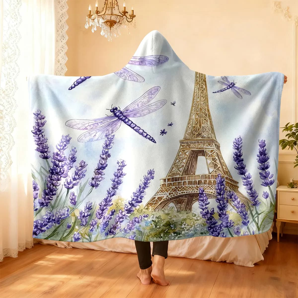 1pc Purple Lavender Printed Flannel Hoodie Wearable Cloak Blanket Soft Warm Multi Size Casual Blanket Machine Washable