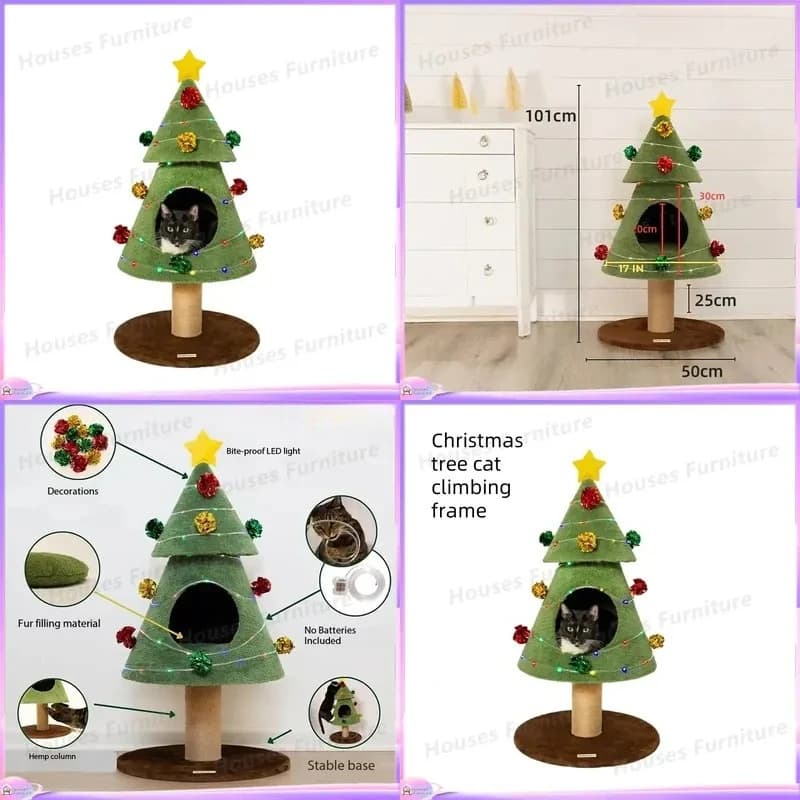 Wooden Cat Tree with Sisal Scratching Post Christmas Theme Climbing Tower for Cats Multi-Level Play Center Kitten Activity