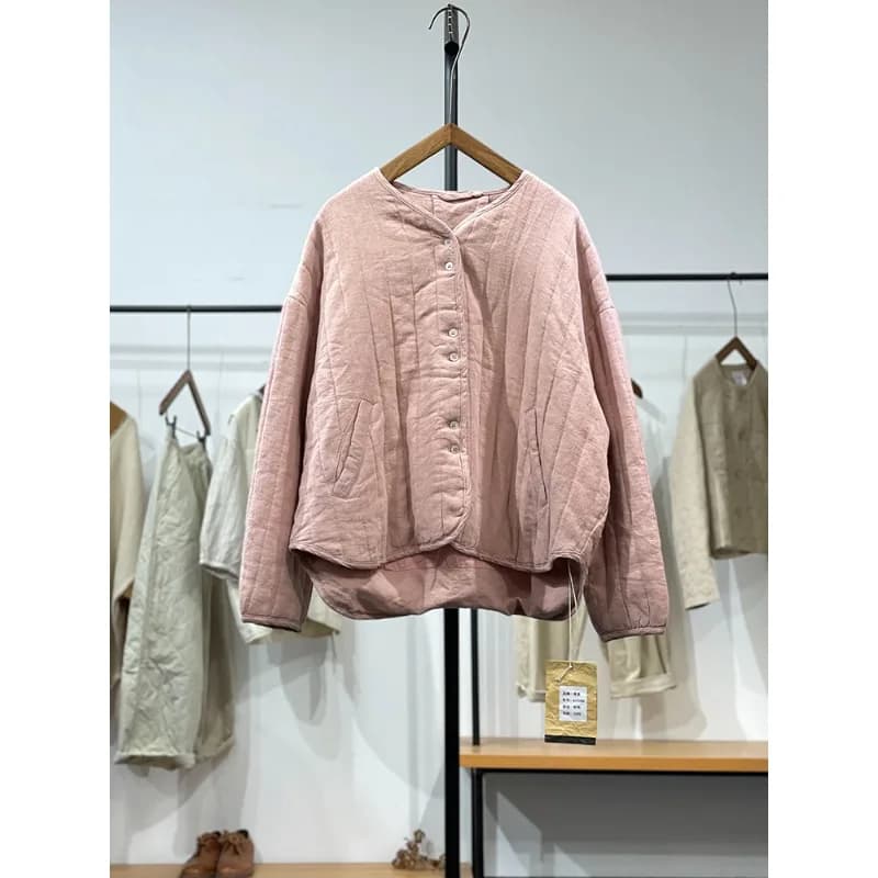 Retro Spliced Cotton Jacket Casual Versatile Women's Short Outerwear Trendy Autumn Winter Thickened V-neck Single-button