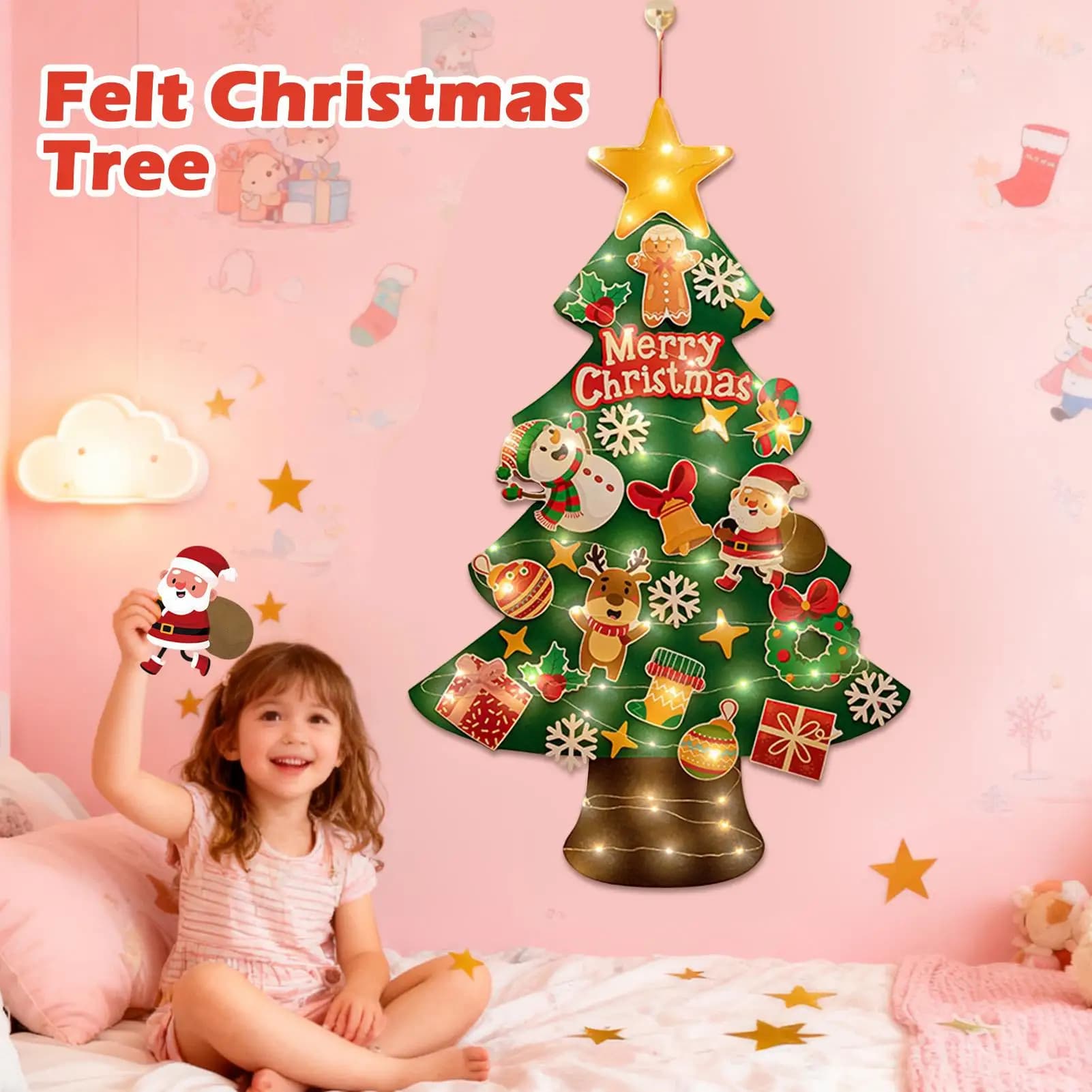 Albero di Natale in feltro con luci a stringa a LED da 9,8 piedi Adesivo da parete Albero di Natale per bambini per camera da letto Asilo nido all'aperto per interni